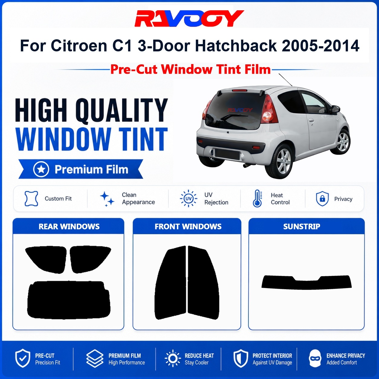 Privacy Screen Protector - ฟิล์มกรองแสงแบบพรีเมียมสำหรับรถยนต์ Citroen C1 3 ประตู แฮทช์แบค