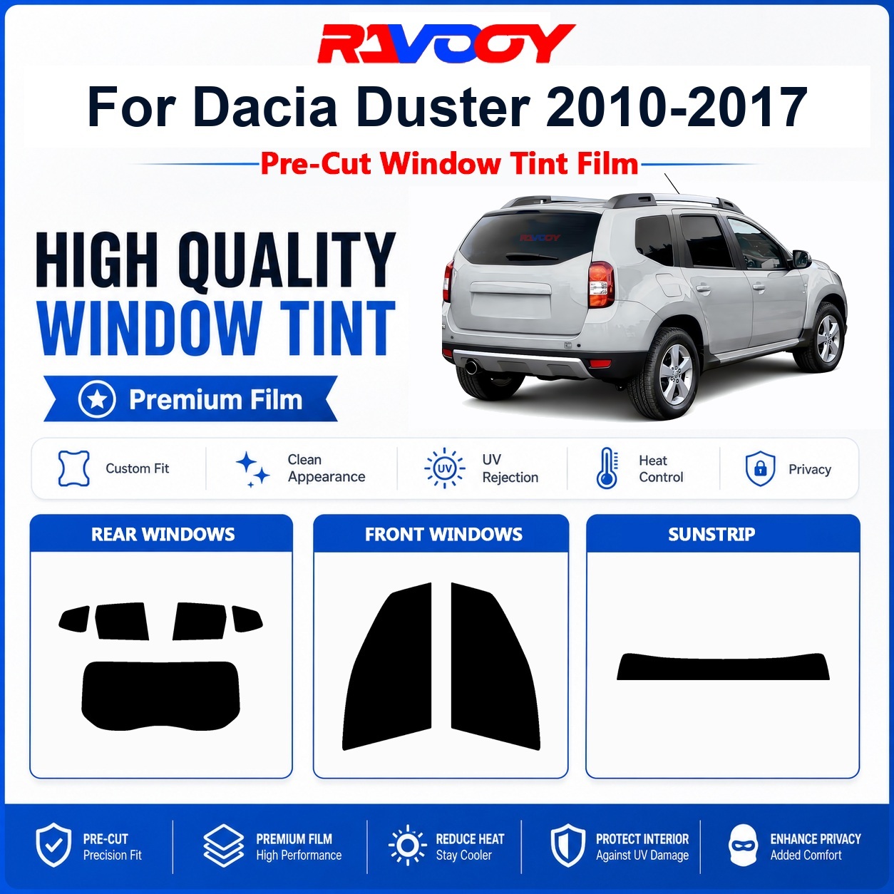 Privacy Screen Protector - ฟิล์มกรองแสงแบบพรีเมียมสำหรับ Dacia Duster 2010-2017 กระจกหน้าและหลัง ป้องกันรังสียูวีและความร้อน