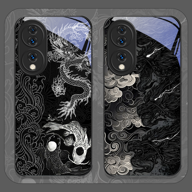 Huawei Nova 12 - เคสโทรศัพท์กระจกนิรภัยพิมพ์ลายมังกรสีดำสุดเท่สำหรับ Huawei Nova 13 12 11